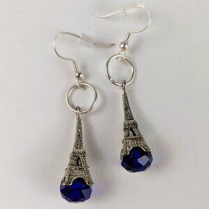 Silver Eiffel Tower Earrings w/ Blue Sapphire Bead